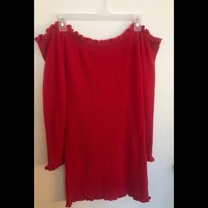 SARAH ASHCROFT RED RIBBED RUFFLE LONG SLEEVE DRESS